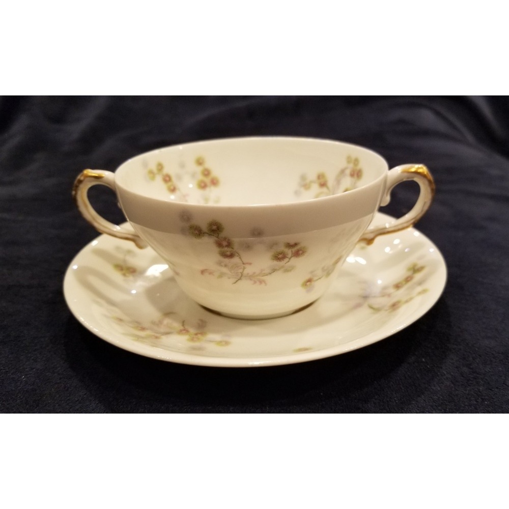 Theodore Havilland Limoges France Double Handled Cream Soup Cup & Saucer